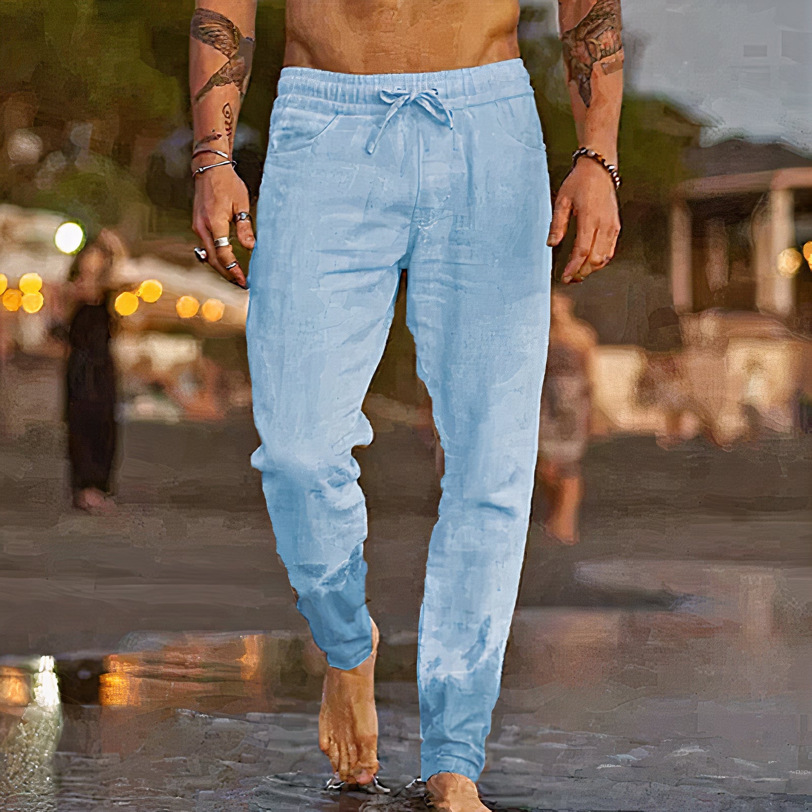 Summer linen pants for men with a relaxed fit, lightweight fabric, and breathable design, perfect for casual summer days.






