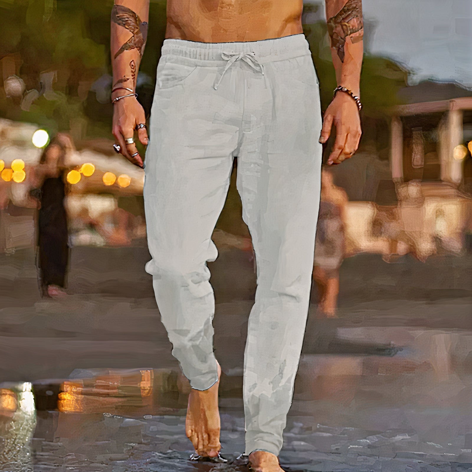 Summer linen pants for men with a relaxed fit, lightweight fabric, and breathable design, perfect for casual summer days.






