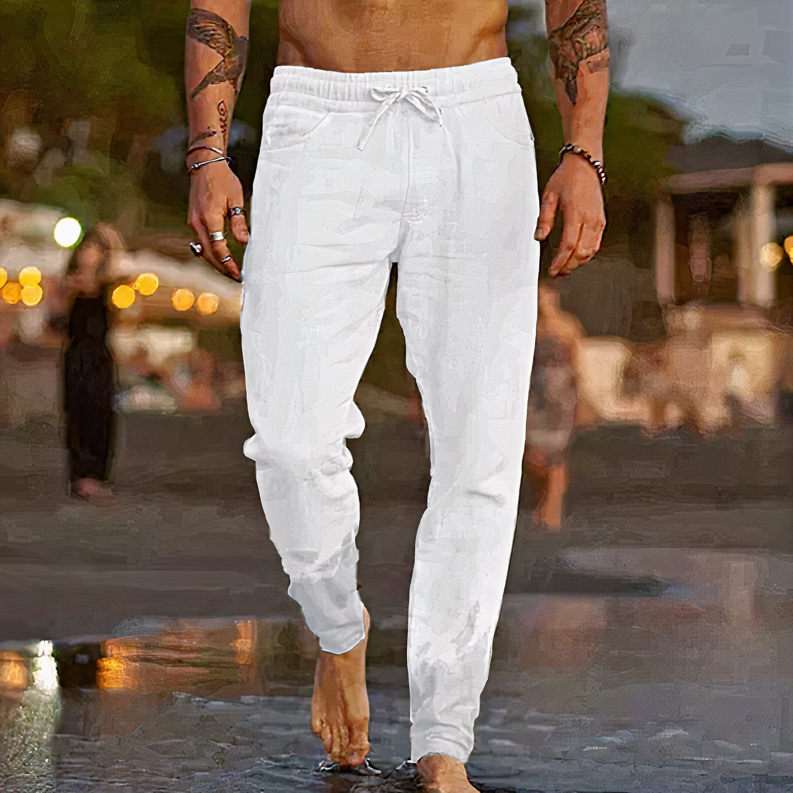 Summer linen pants for men with a relaxed fit, lightweight fabric, and breathable design, perfect for casual summer days.






