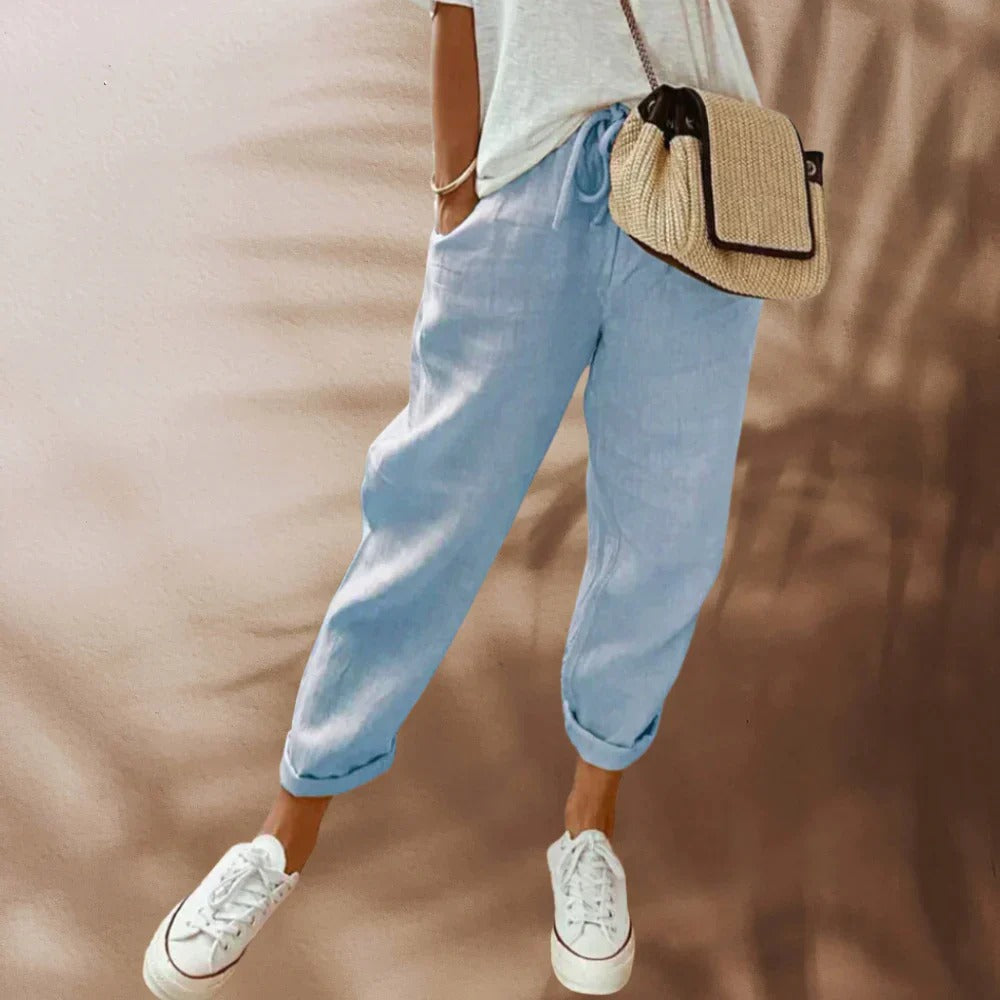 Trendy linen pants for women with breathable fabric and relaxed fit, ideal for summer days and versatile casual or vacation wear.






