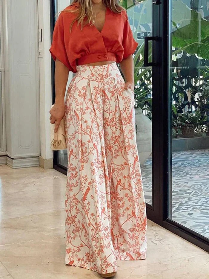 Women's casual blouse and wide-leg pants set, offering breathable fabric and effortless style, ideal for summer days.