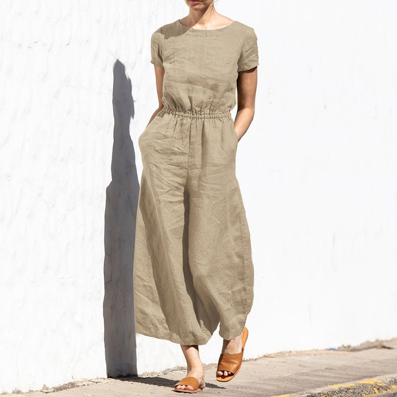  Women's chic linen jumpsuit with breathable fabric and tailored fit, perfect for summer days and versatile occasions.