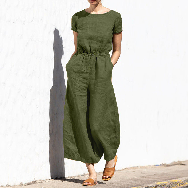  Women's chic linen jumpsuit with breathable fabric and tailored fit, perfect for summer days and versatile occasions.