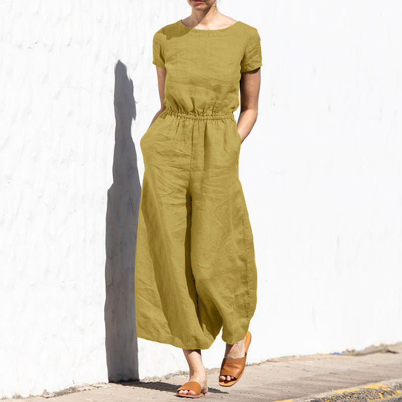  Women's chic linen jumpsuit with breathable fabric and tailored fit, perfect for summer days and versatile occasions.