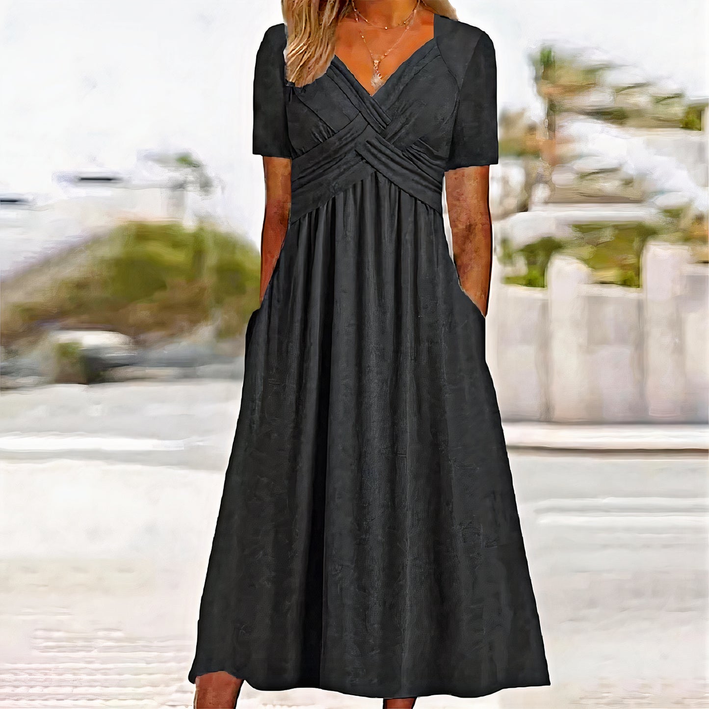 Women's chic summer dress with belly coverage, offering a flattering fit and lightweight design, ideal for warm summer days.