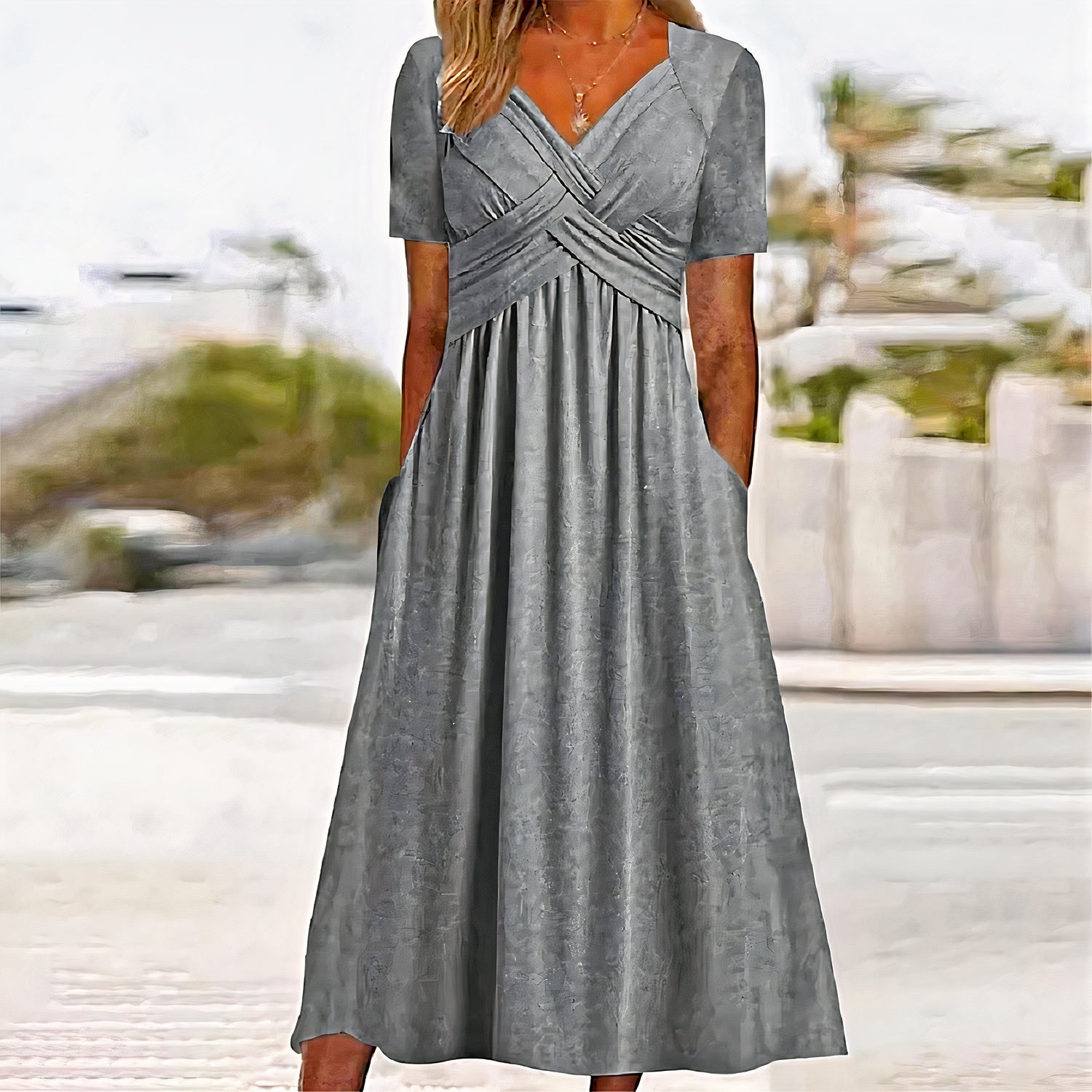 Women's chic summer dress with belly coverage, offering a flattering fit and lightweight design, ideal for warm summer days.