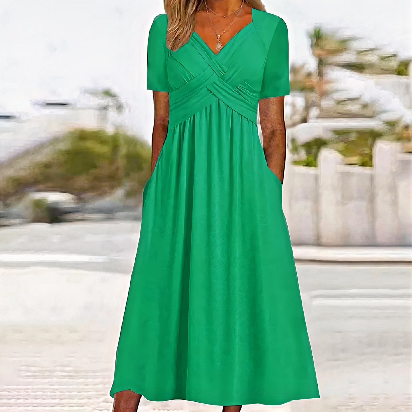 Women's chic summer dress with belly coverage, offering a flattering fit and lightweight design, ideal for warm summer days.