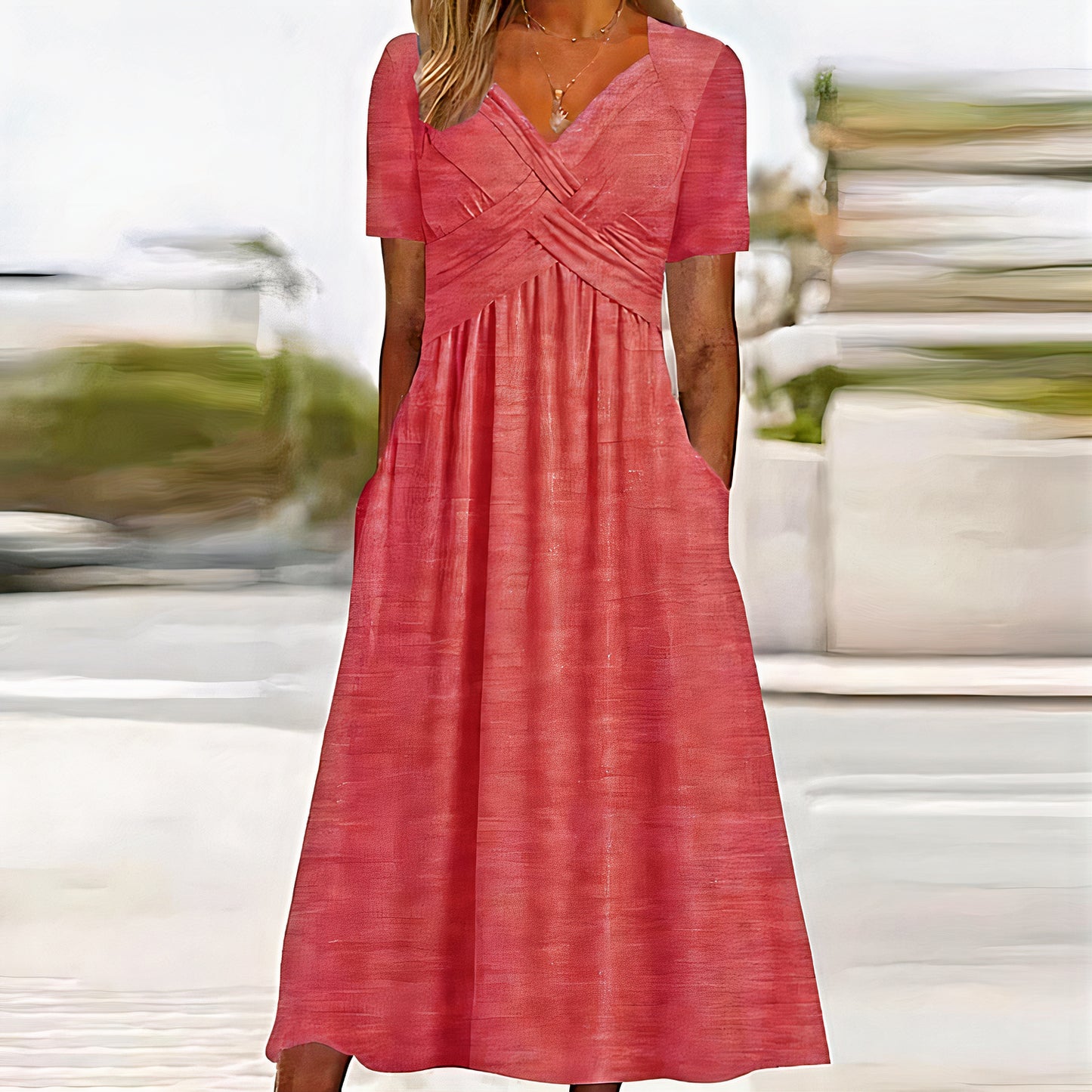 Women's chic summer dress with belly coverage, offering a flattering fit and lightweight design, ideal for warm summer days.