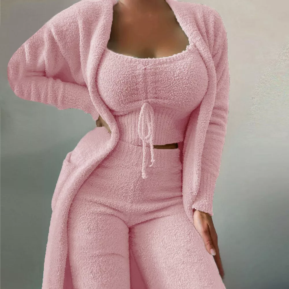 Women's comfy 3-piece set with a relaxed fit, soft material, and versatile design for lounging or casual wear.