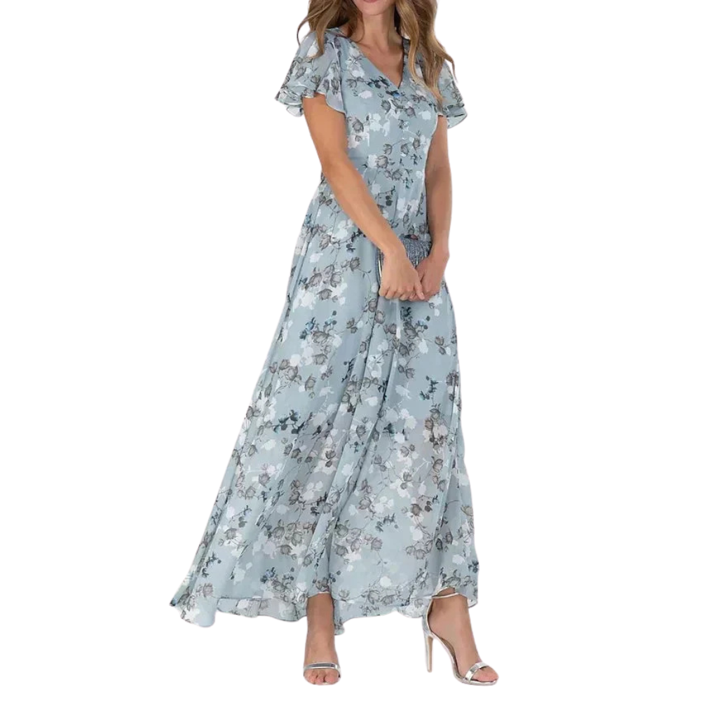 Women's elegant floral long dress with a flowing silhouette and timeless design, ideal for summer days and special occasions.






