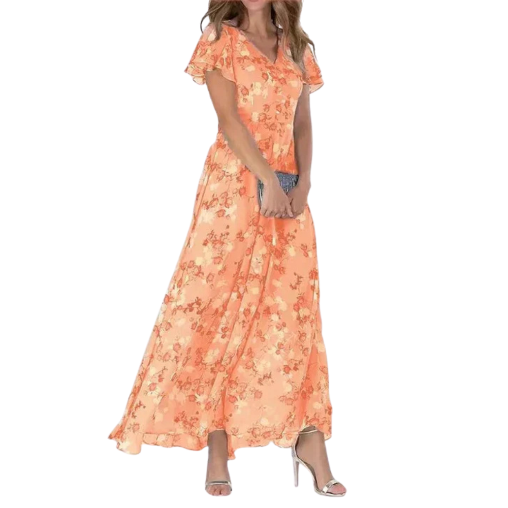 Women's elegant floral long dress with a flowing silhouette and timeless design, ideal for summer days and special occasions.






