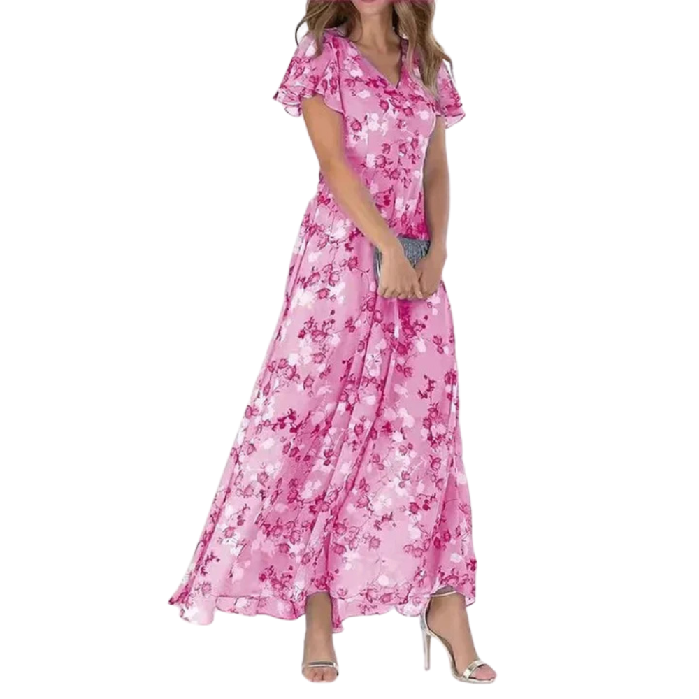 Women's elegant floral long dress with a flowing silhouette and timeless design, ideal for summer days and special occasions.






