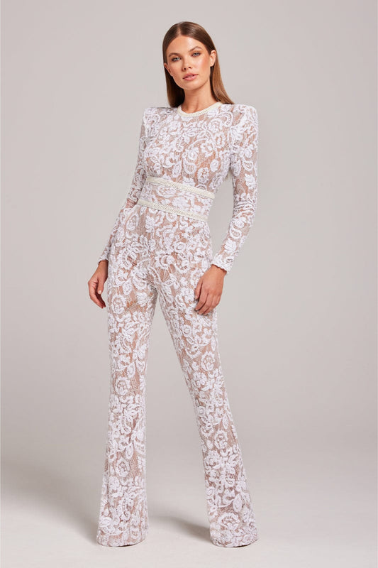 Women's elegant lace jumpsuit with flattering fit and delicate lace detailing, perfect for special occasions.