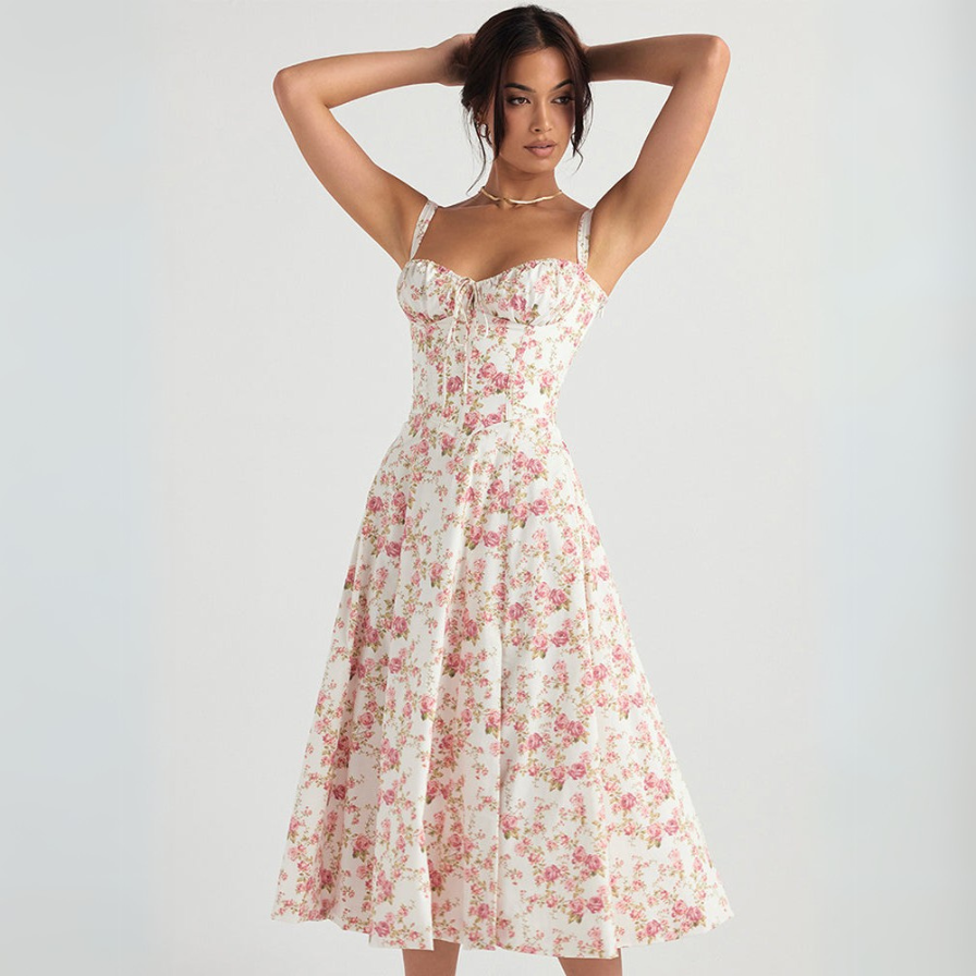 Women's floral midi beach dress, perfect for summer days with a flowy design and lightweight comfort.