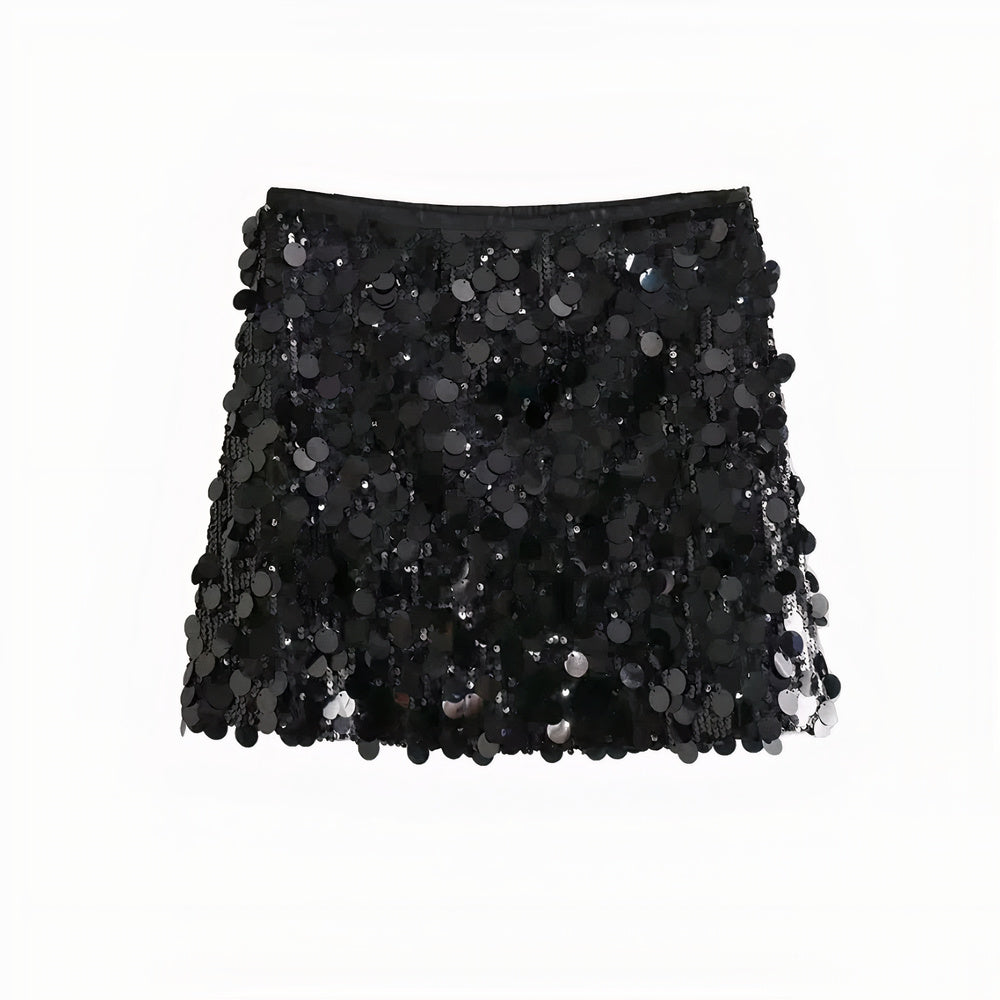 Women's sequin party skirt with all-over sparkle, lightweight fabric, and a comfortable fit, perfect for summer events.