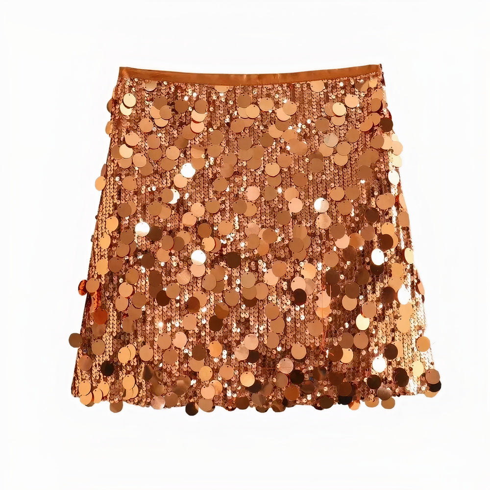 Women's sequin party skirt with all-over sparkle, lightweight fabric, and a comfortable fit, perfect for summer events.