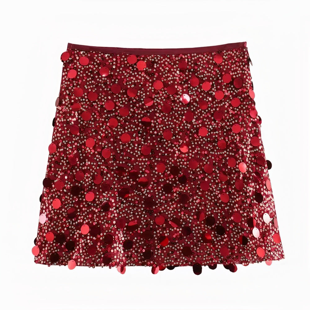 Women's sequin party skirt with all-over sparkle, lightweight fabric, and a comfortable fit, perfect for summer events.