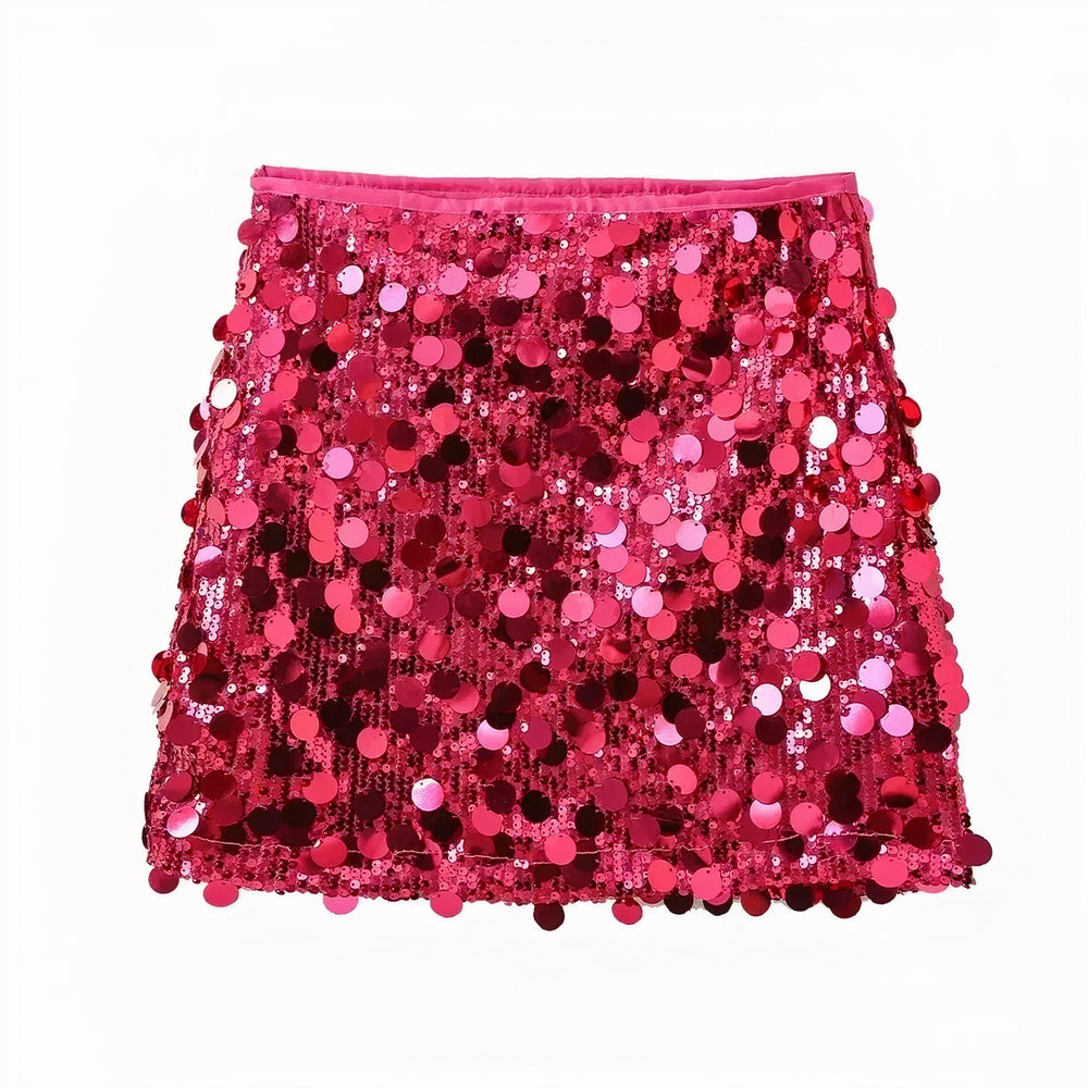 Women's sequin party skirt with all-over sparkle, lightweight fabric, and a comfortable fit, perfect for summer events.