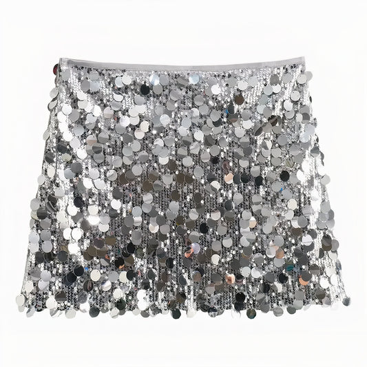 Women's sequin party skirt with all-over sparkle, lightweight fabric, and a comfortable fit, perfect for summer events.