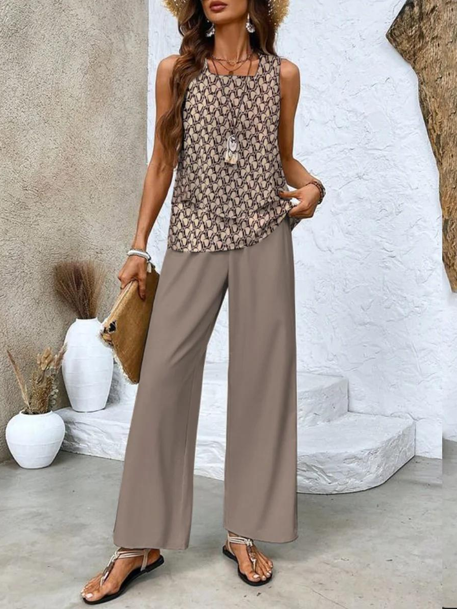 Women's sleeveless top and pants set, designed for summer comfort and style with breathable fabric and modern elegance.