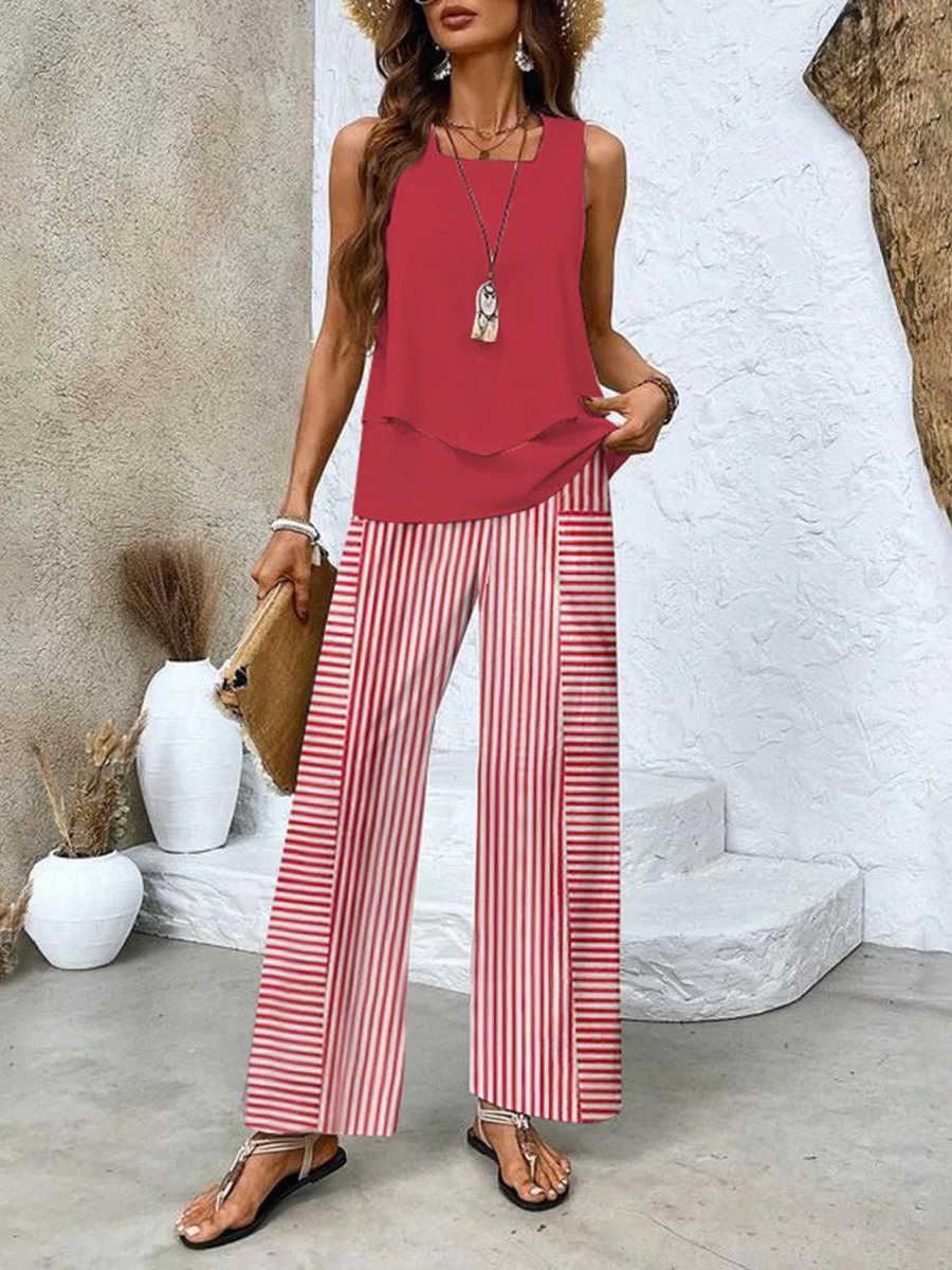 Women's sleeveless top and pants set, designed for summer comfort and style with breathable fabric and modern elegance.