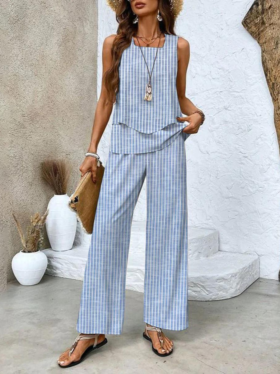 Women's sleeveless top and pants set, designed for summer comfort and style with breathable fabric and modern elegance.