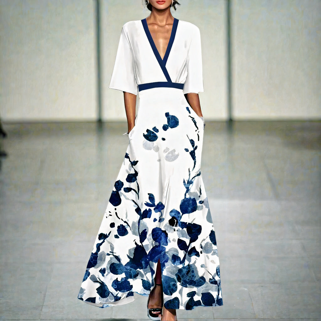 Women's sophisticated floral long dress with a flowing silhouette, perfect for summer occasions and outdoor gatherings.