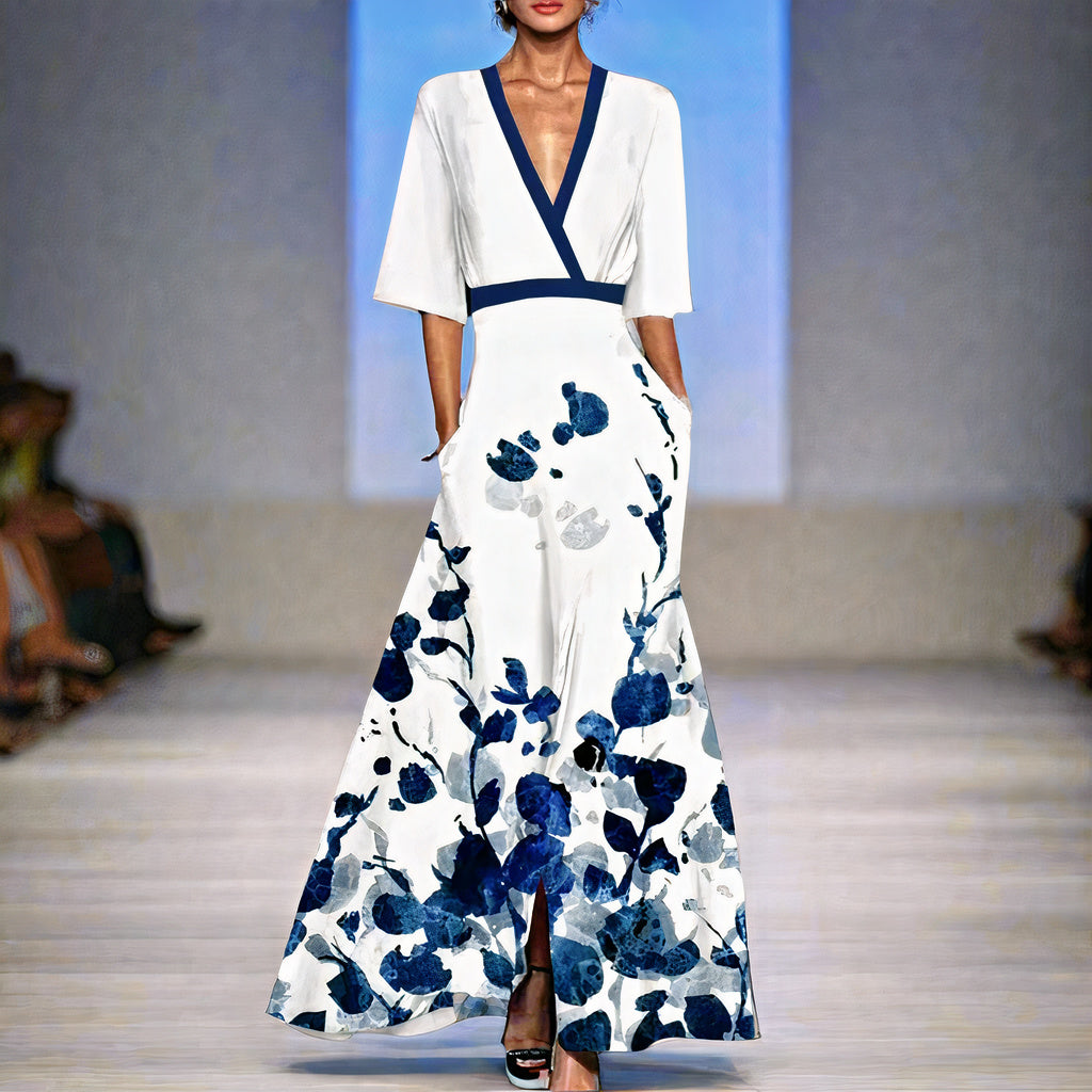 Women's sophisticated floral long dress with a flowing silhouette, perfect for summer occasions and outdoor gatherings.